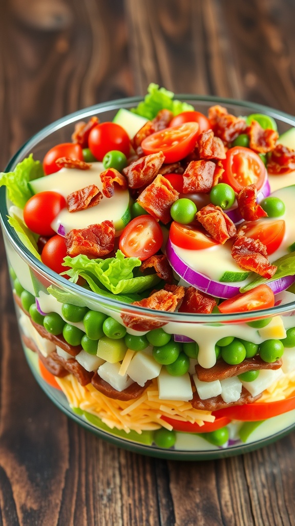 A colorful 7-layer salad with lettuce, tomatoes, cucumbers, onion, bacon, peas, and cheese in a trifle dish.